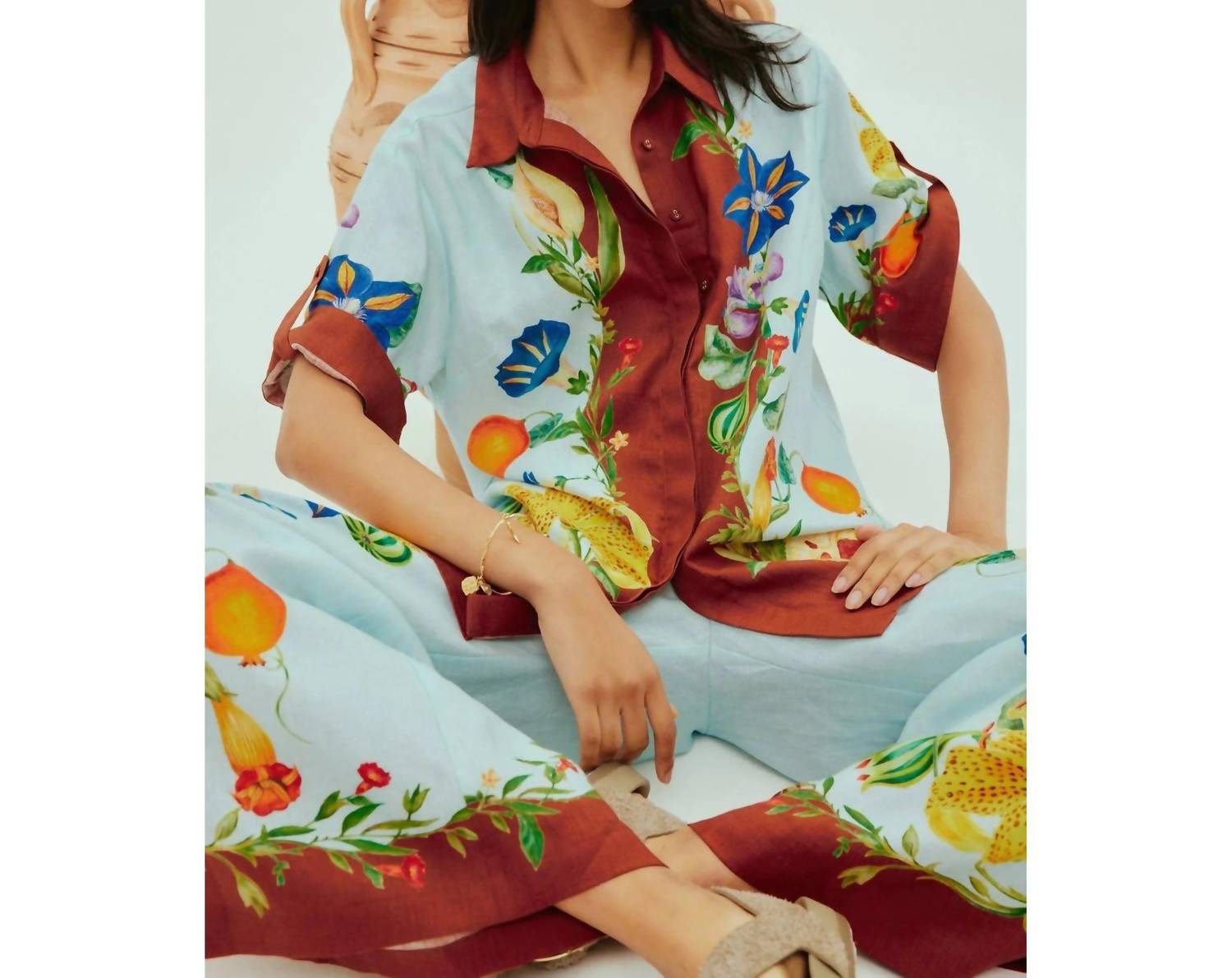 ALEMAIS Dahlia Floral Linen Shirt in blue - women's shirt