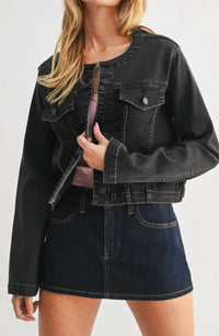 JUST USA Women's Collarless Denim Jacket in black - women's jacket