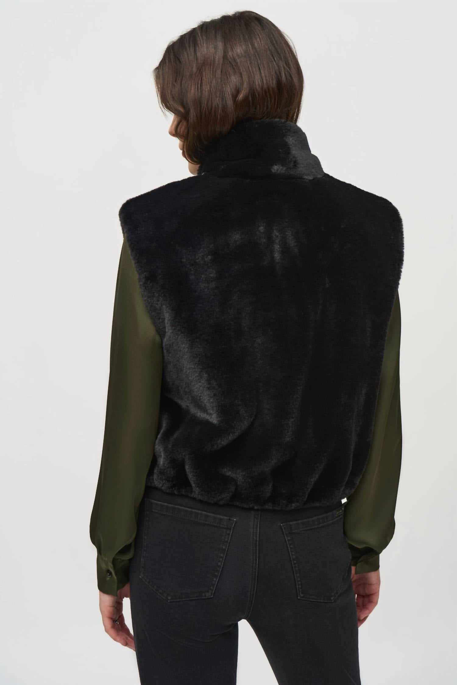 Joseph Ribkoff Faux Fur Crop Vest in black - women's jacket - detail view