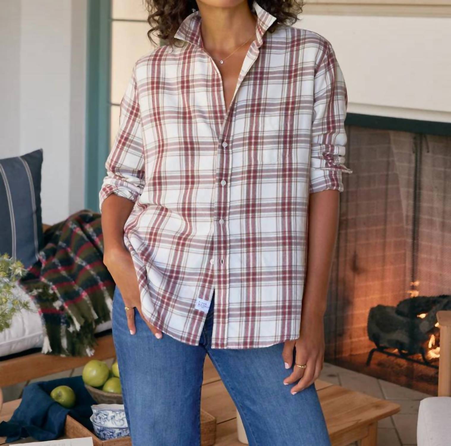 Frank & Eileen Eileen Relaxed Button-up Shirt in cream wine brown plaid - women's shirt