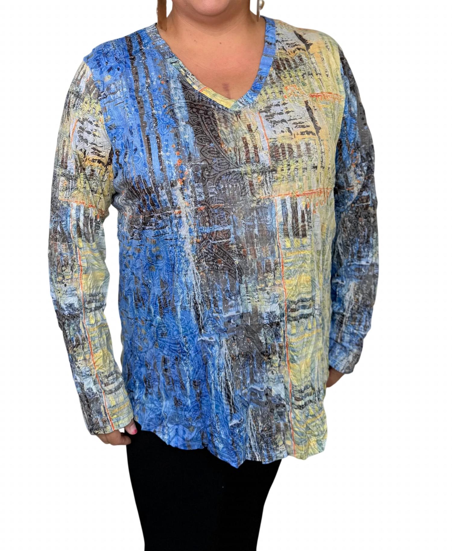 Shana Apparel Long Sleeve Crinkle Tunic Top in blue multi - women's long sleeve top
