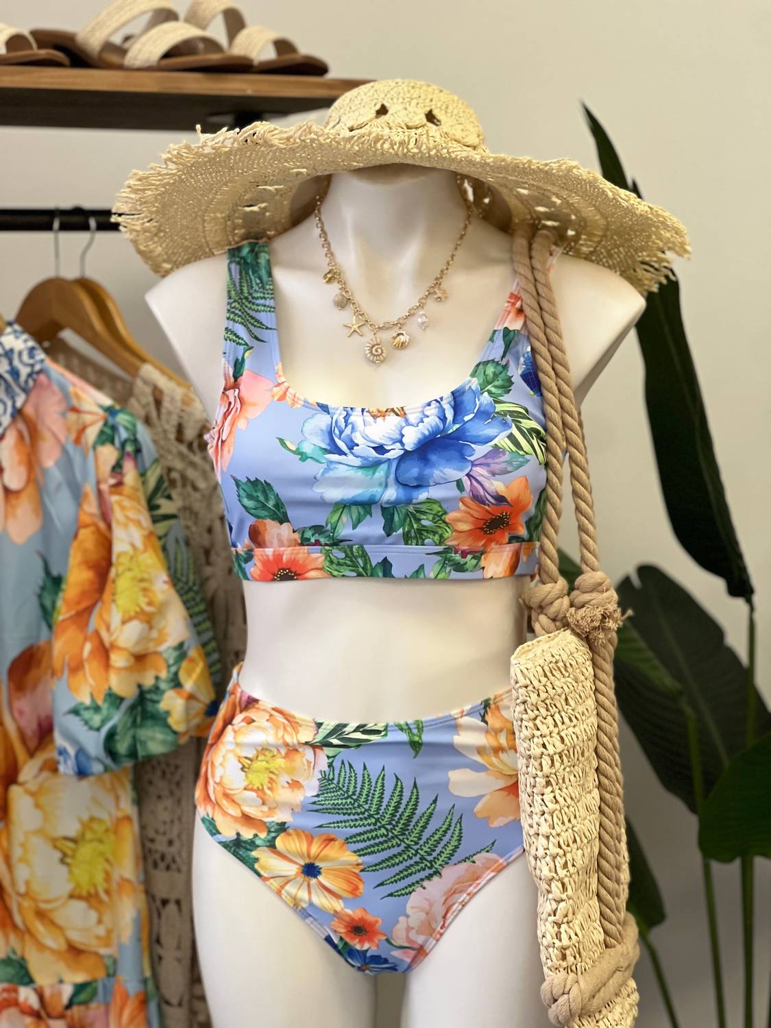 TFY Collection Tropical Summer Two Piece Swim Set in blue - women's swimwear - detail view
