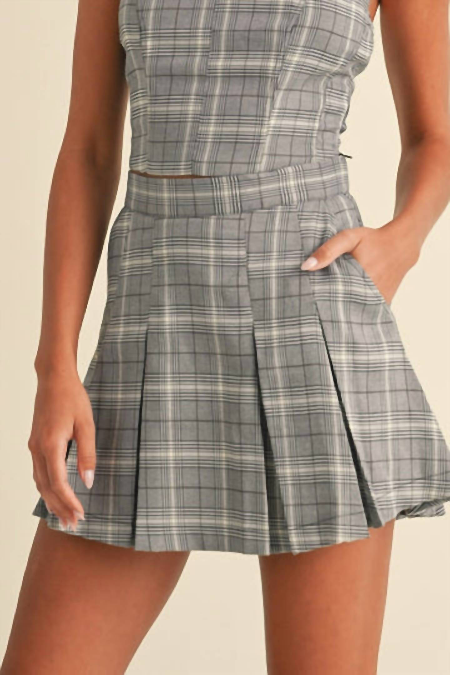 Klesis - Plaid Crop Top, Cropped Blazer, And Pleated Mini Skirt