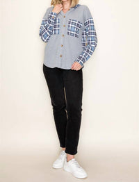 Staccato - Waffle Knit Plaid Contrasted Button Up Hooded Top
