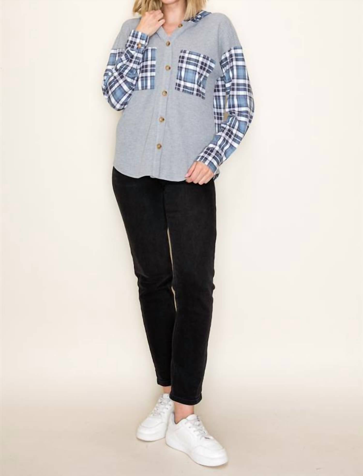 Staccato - Waffle Knit Plaid Contrasted Button Up Hooded Top