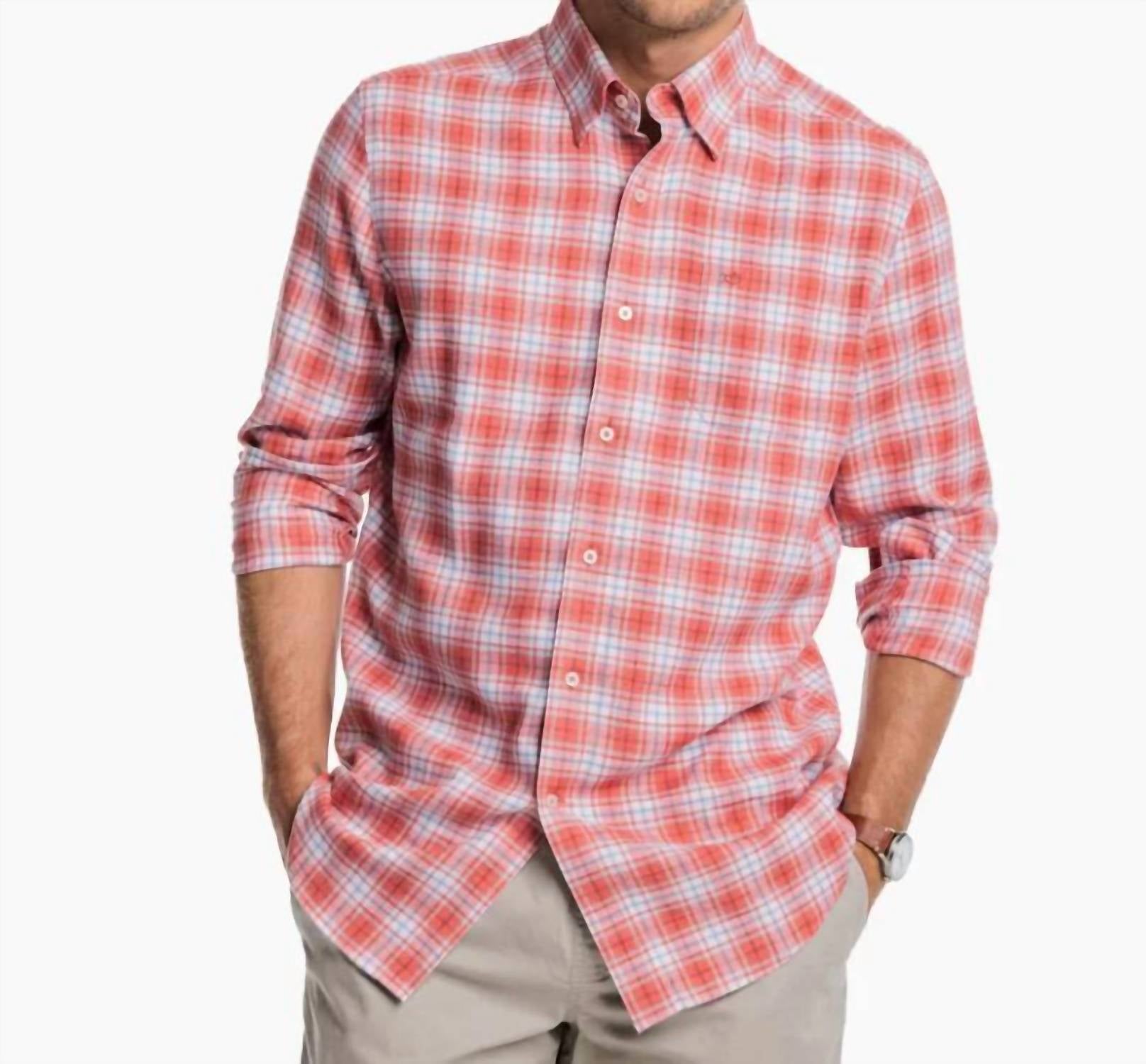 SOUTHERN TIDE Flannel Reddick Plaid Sportshirt in dusty coral - men's long sleeve top