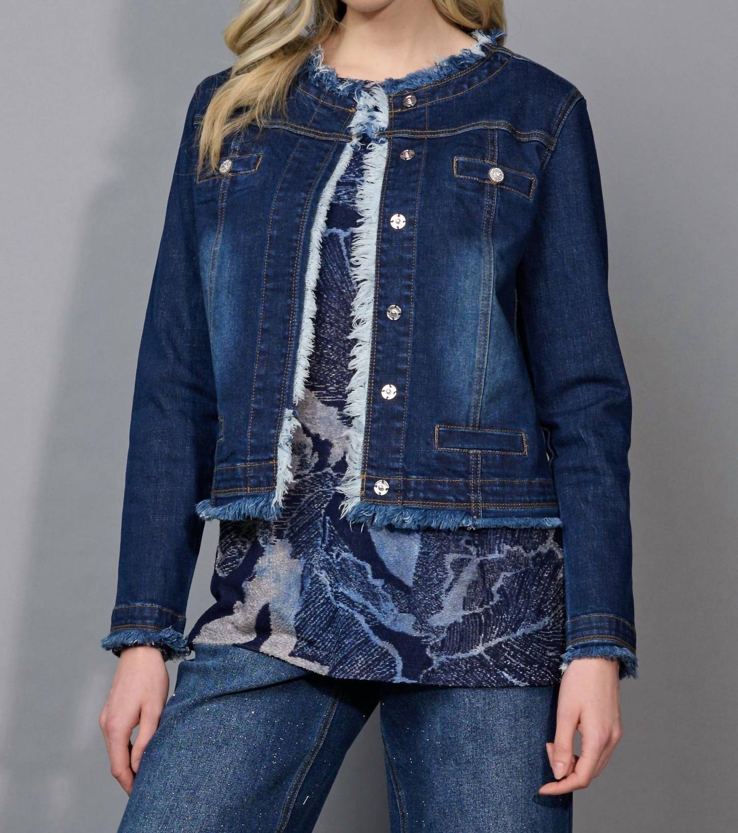 Picadilly - Collarless Frayed Edge Denim Jacket