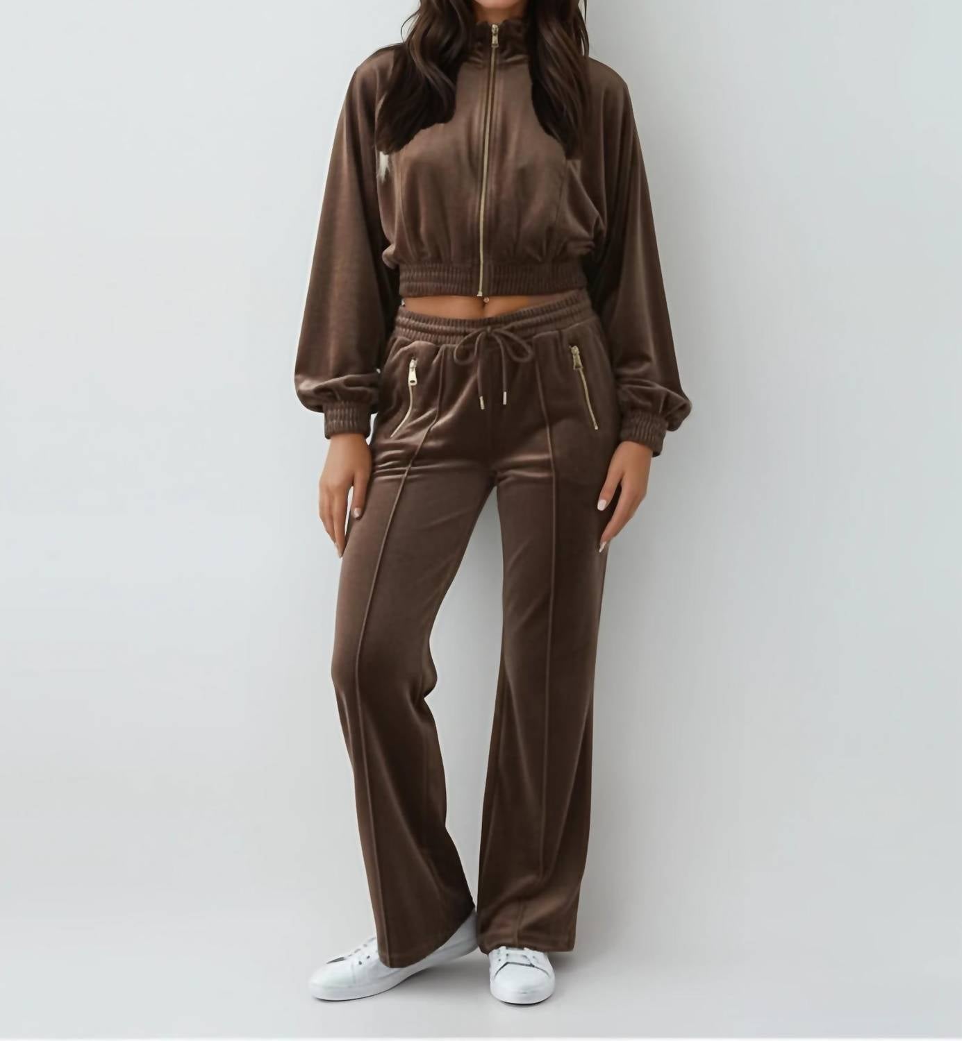 Malibu Road Luxe Velour Tracksuit Set in brown - women's sleepwear - alternate view