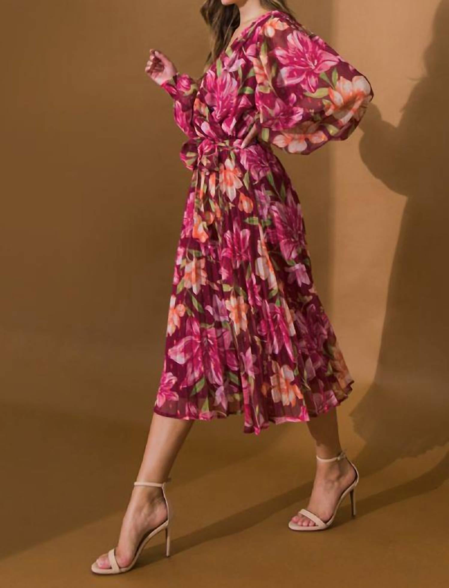 Flying Tomato - Sunset Garden Pleated Midi Dress