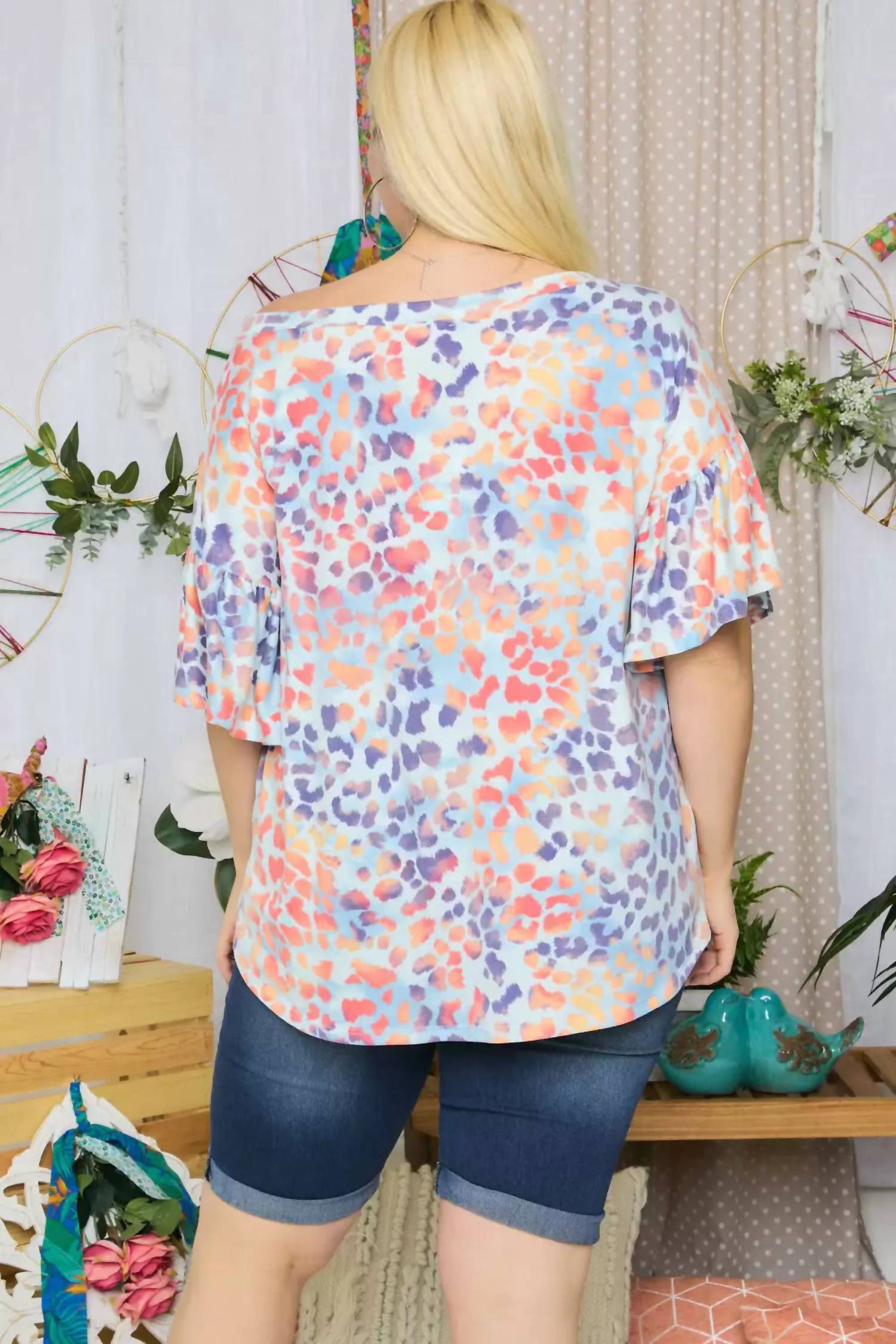 Leopard Boat Neck Top With Ruffle Sleeve -Plus