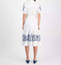 T Tahari - Short Sleeve Belted Embroidered Fit & Flare Dress