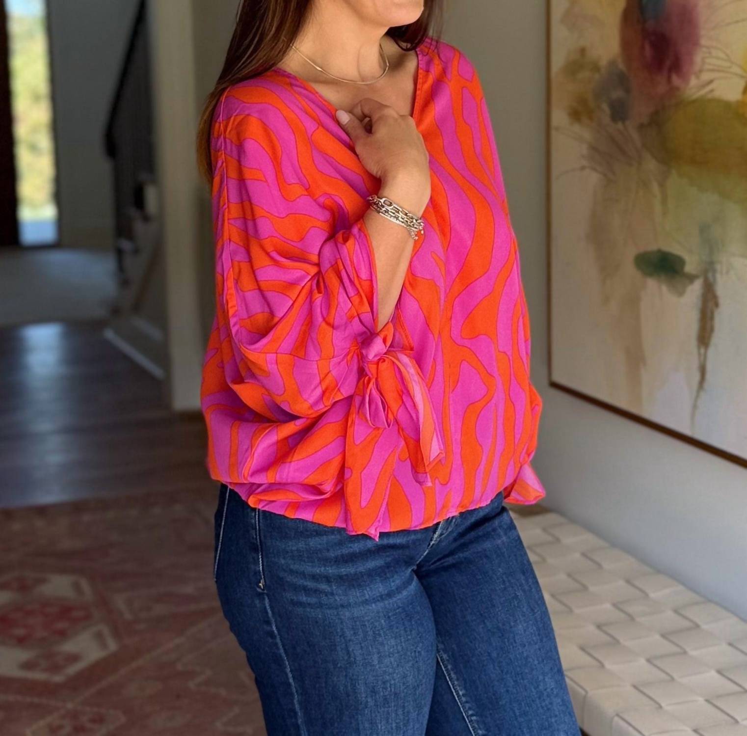 Easel Light Me Up V-neck Blouse in pink multi - women's blouse - alternate view