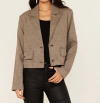 Mystree - Plaid Print Rhinestone Cropped Blazer