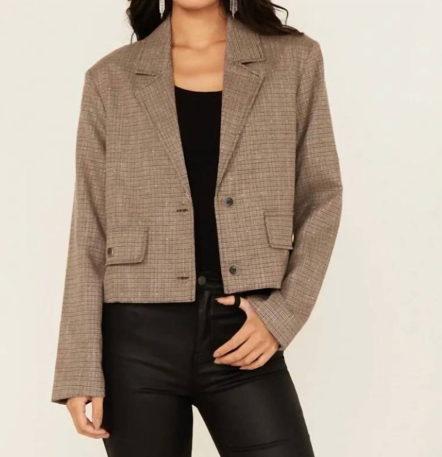 Mystree - Plaid Print Rhinestone Cropped Blazer