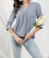 Blu Pepper - Split Neck Back Button Three Quarter Tab Sleeve Top