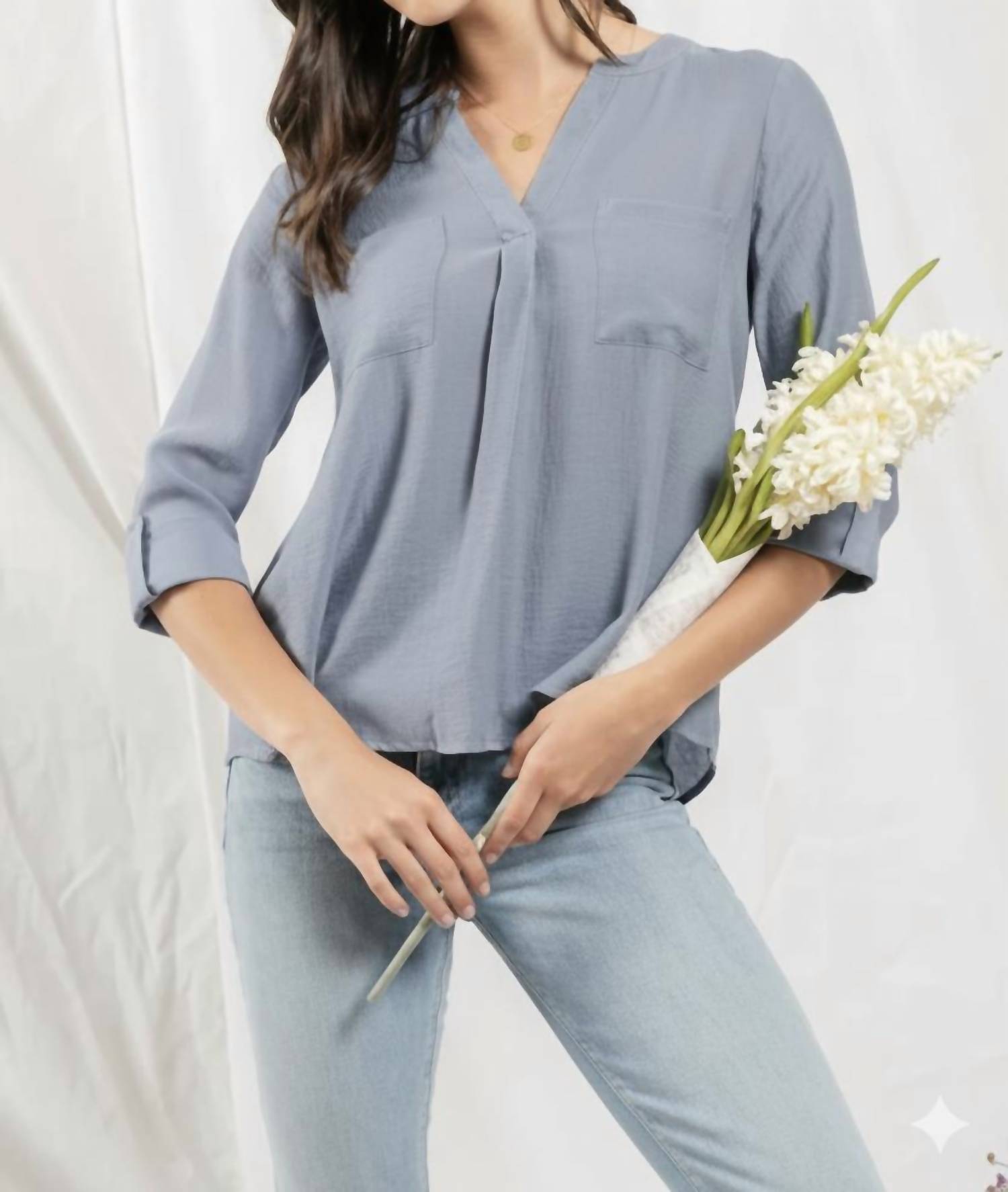 Blu Pepper - Split Neck Back Button Three Quarter Tab Sleeve Top
