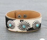 Boho Ranch Women's Cowhide Hair-on Concho Cuff Bracelet in black white - women's jewelry