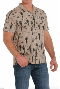 CINCH Cactus Print Short Sleeve Camp Shirt in khaki - men's t-shirt - detail view