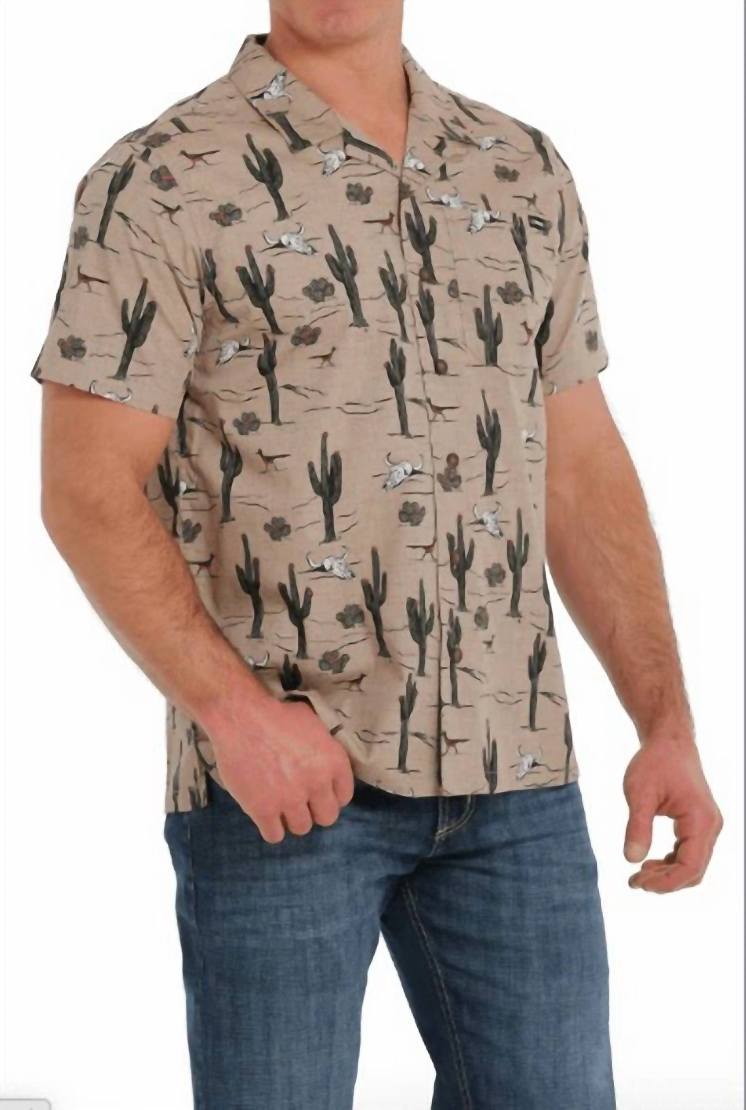 CINCH Cactus Print Short Sleeve Camp Shirt in khaki - men's t-shirt - detail view