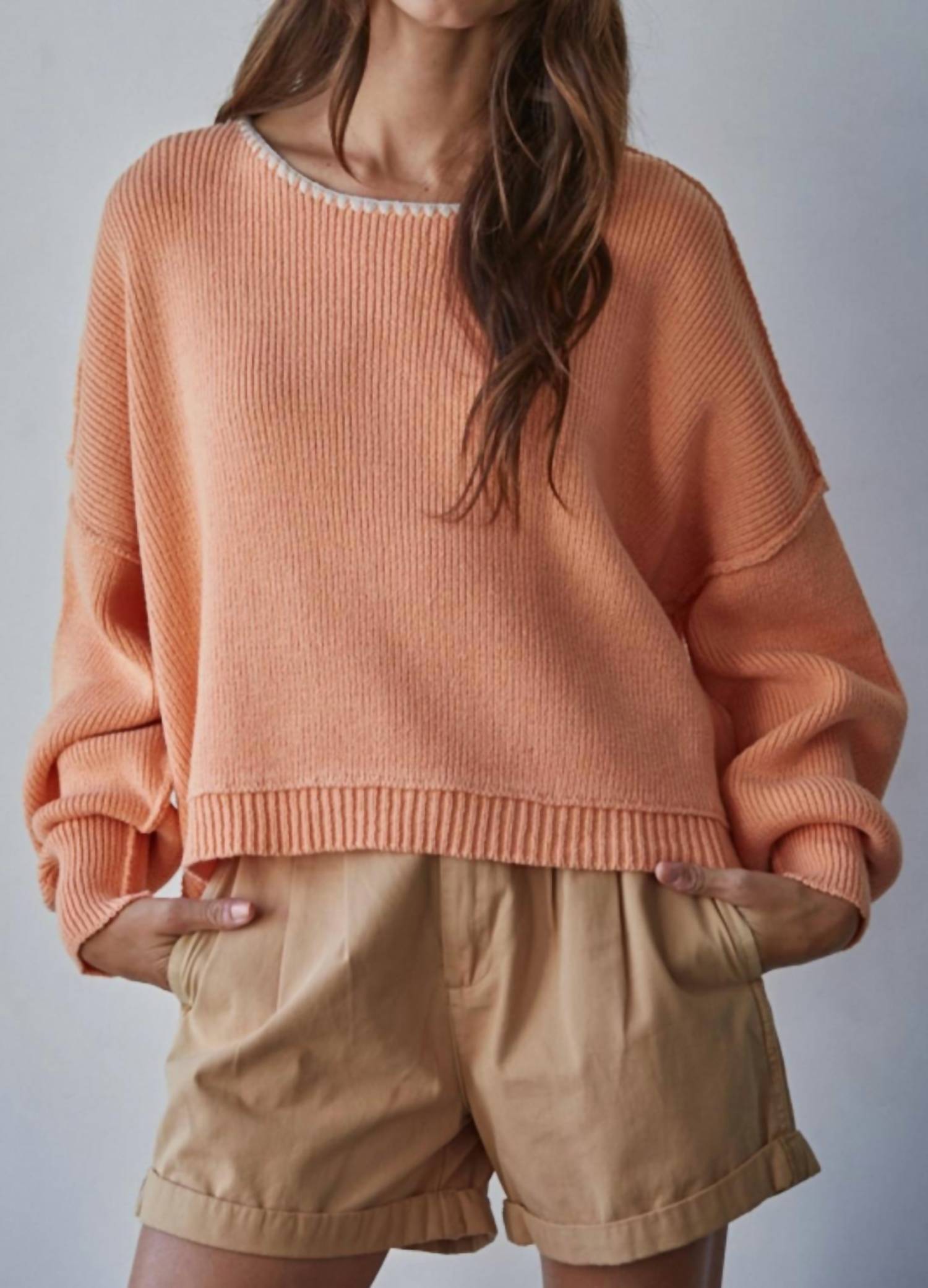 By Together Women's Contrast Stitch Pullover Sweater in coral - women's sweater - alternate view