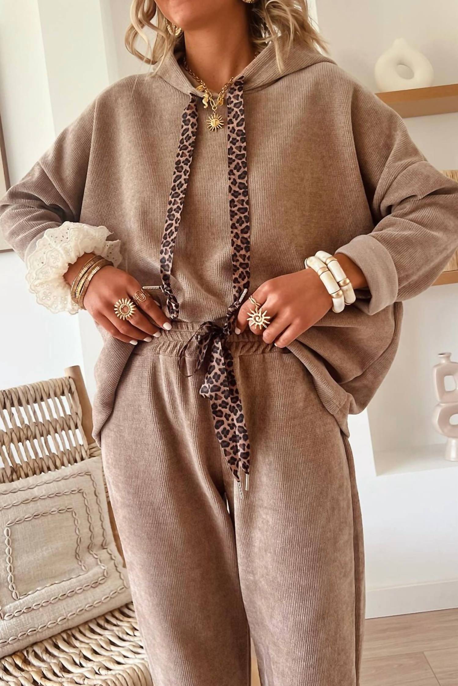 66Disco - Drawstring Pullover Hoodie and High Waist Pants Corduroy Set