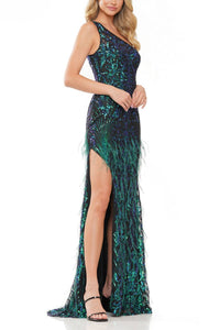 Colors Dress - One Shoulder Feather Front Slit Gown