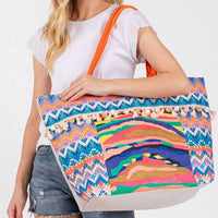 3Am By H&D Accessories - Women's Boho Print Pom Pom Fringe Tote Bag