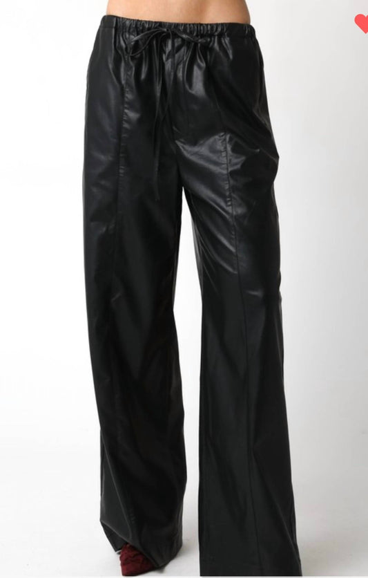 Olivaceous - Faux leather wide leg pants