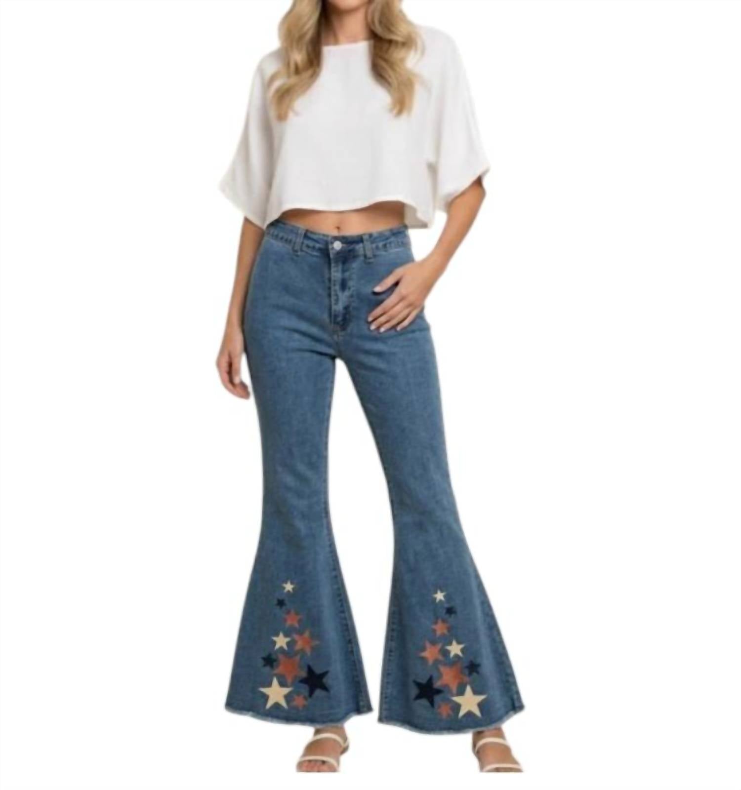Peach Love Star Print Bell Bottom Jeans in blue - women's pants
