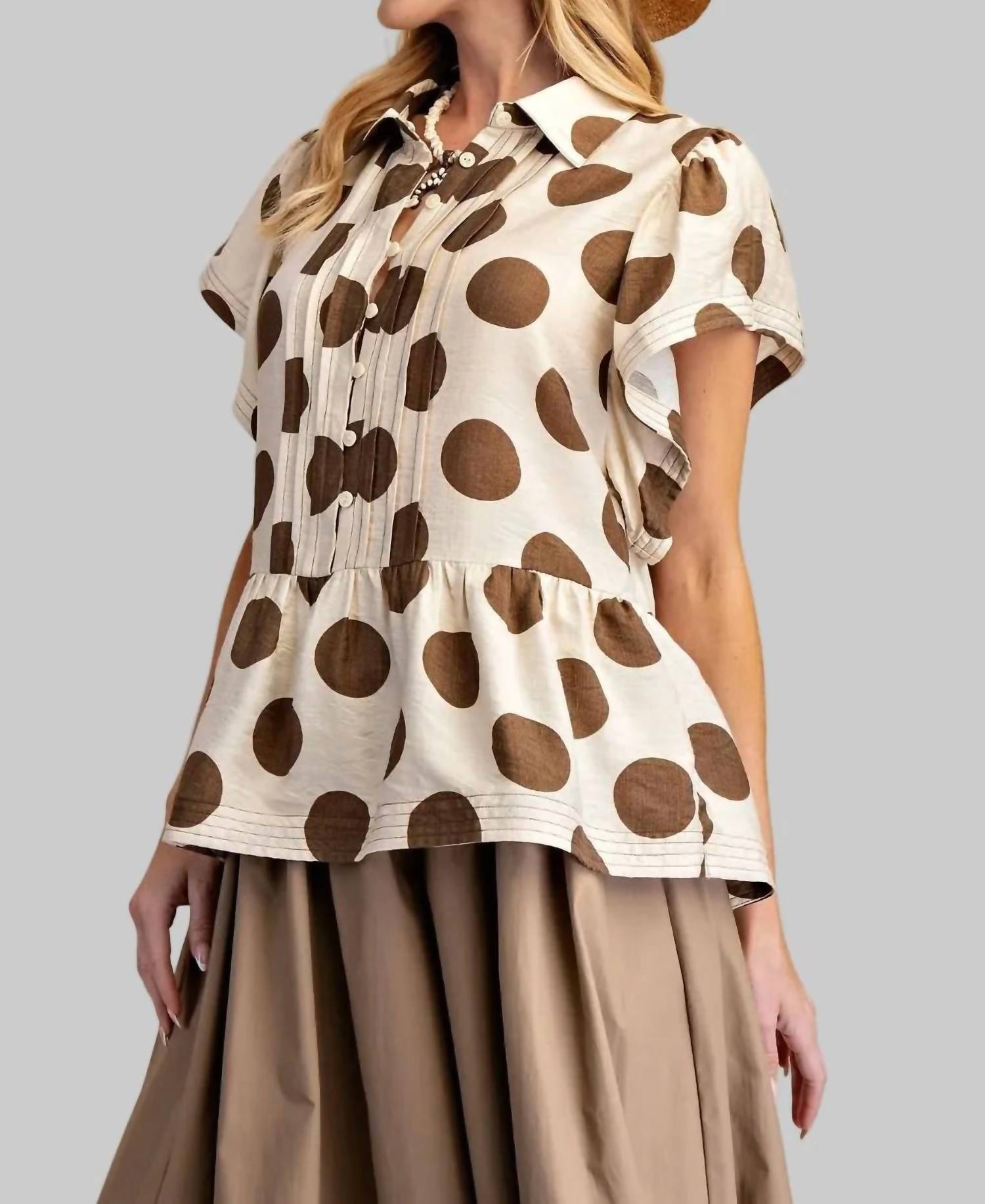 Easel - Polka Dots Button Down Ruffle Top