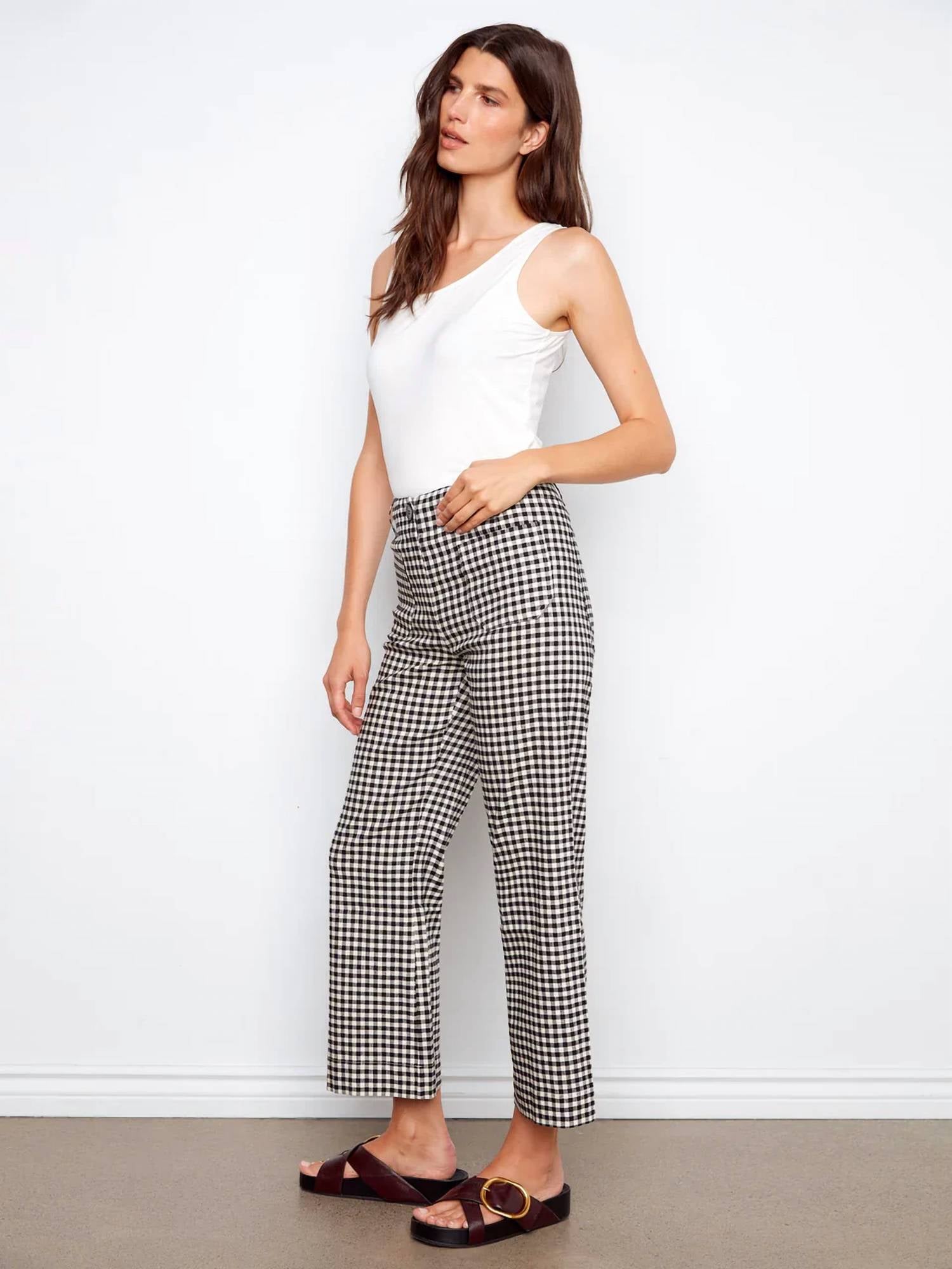 Charlie B - Gingham Cropped Linen Blend Pants