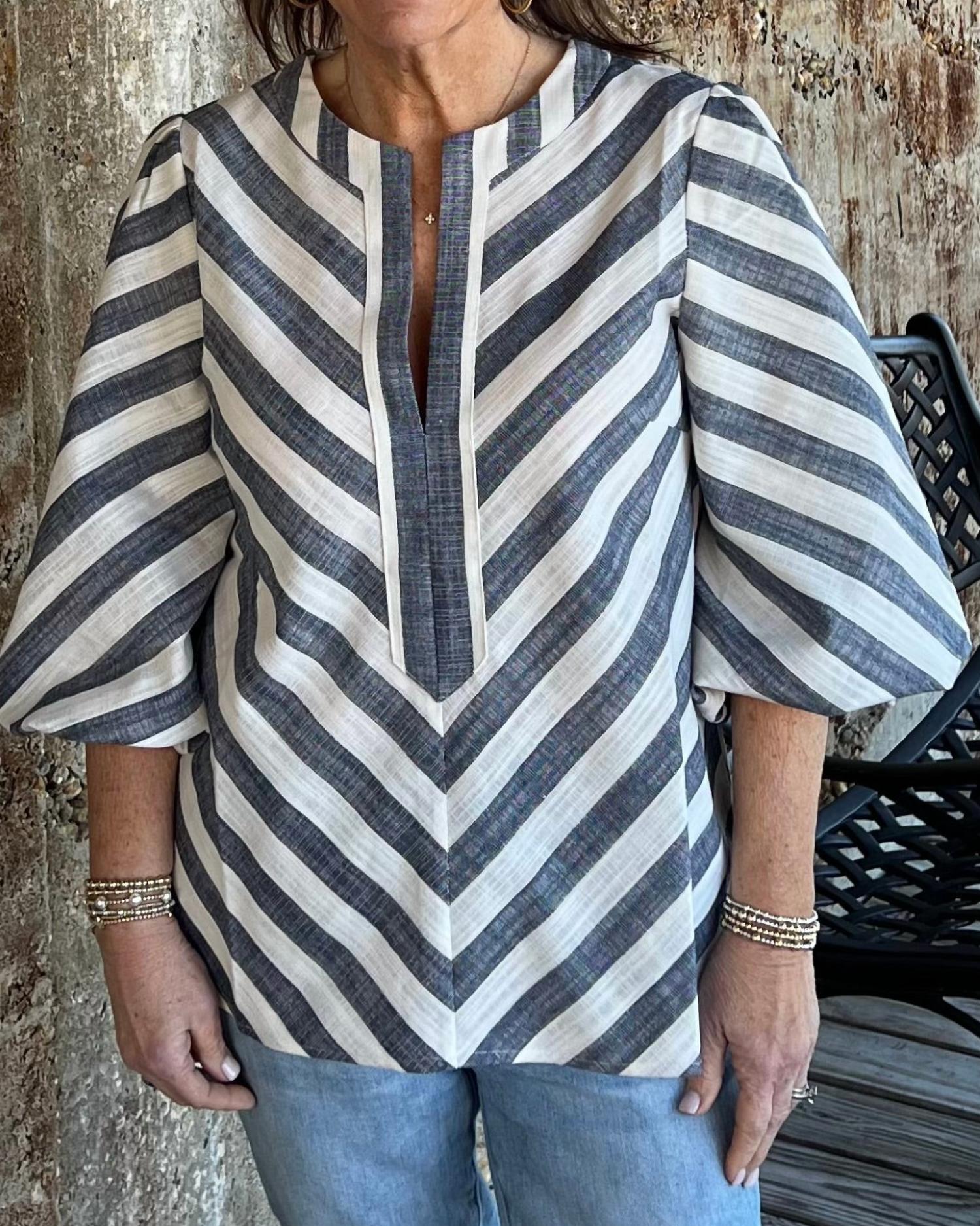 Boho Chic - Three-quarter Sleeved Striped Top