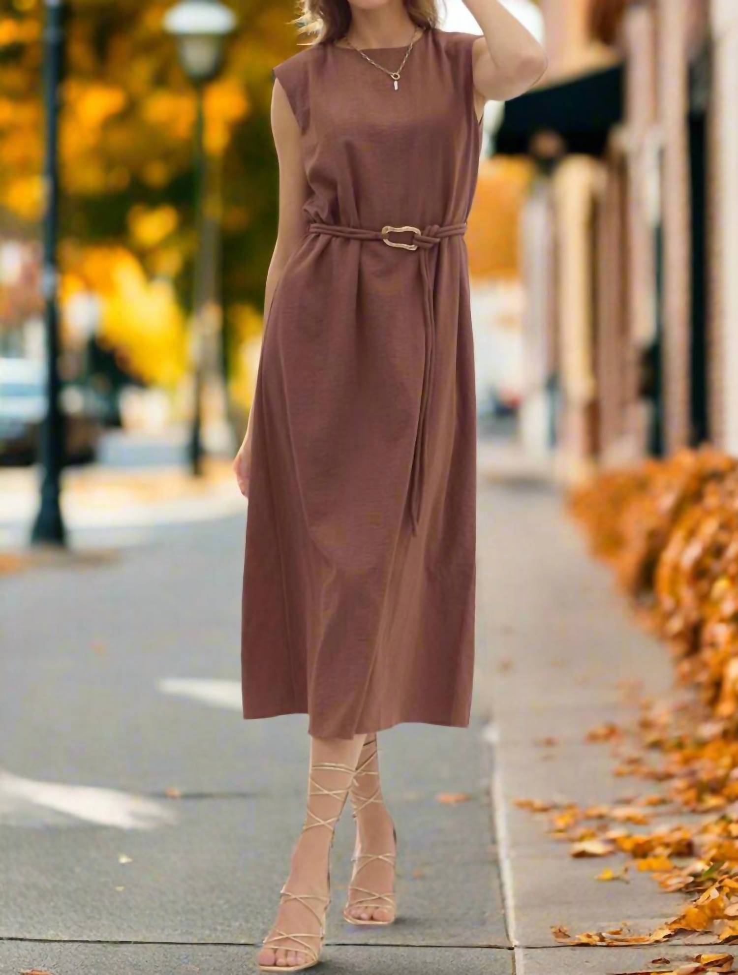 entro Belted Midi Dress With Accent Fastener in espresso - women's dress