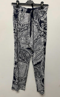 Vilagallo Women's Cotton Paisley Pants in navy blue and white - women's pants