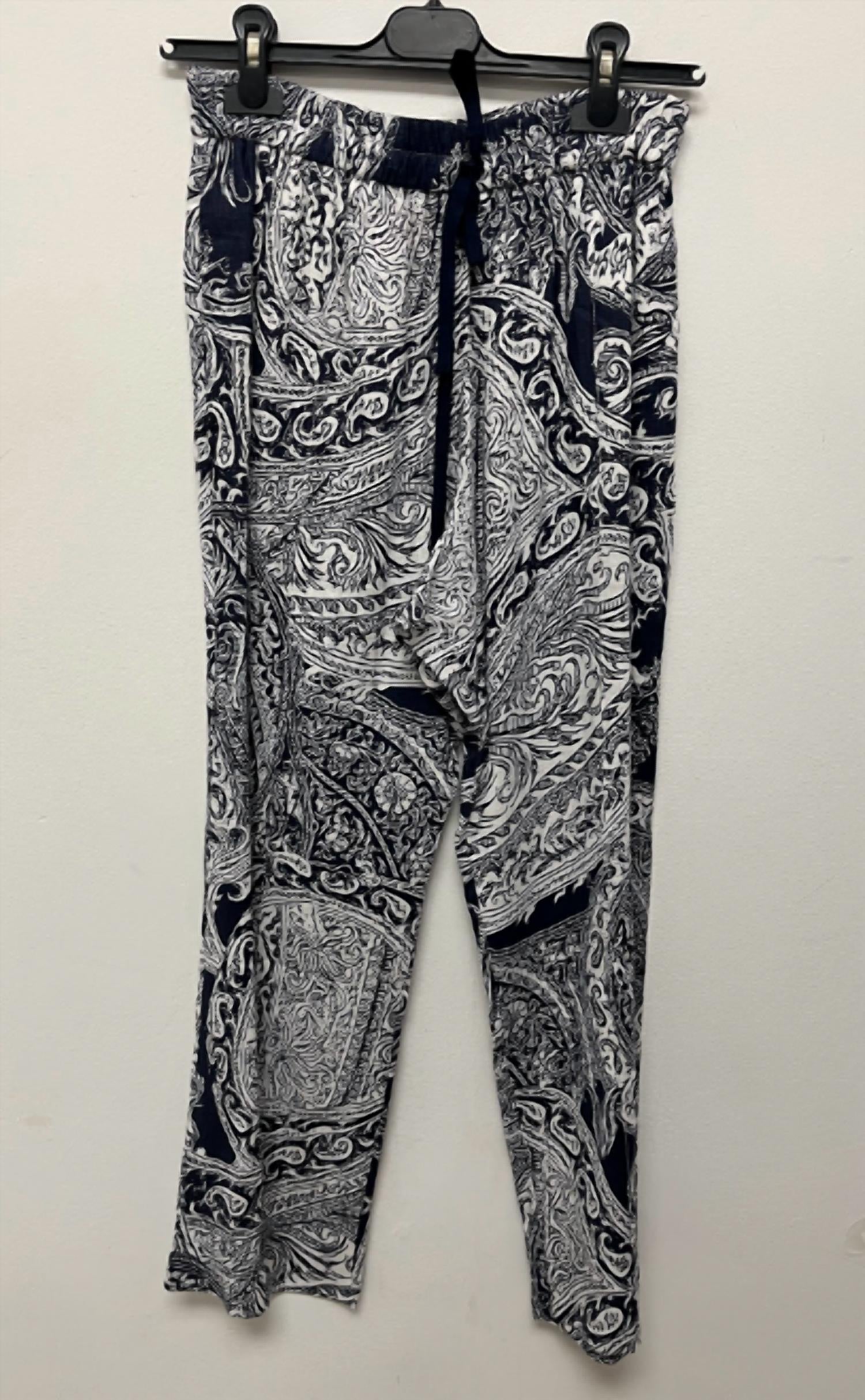 Vilagallo Women's Cotton Paisley Pants in navy blue and white - women's pants