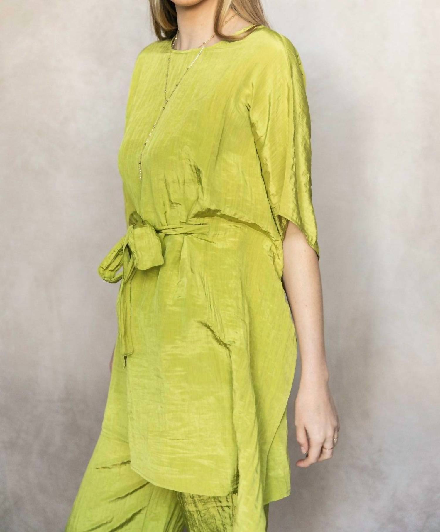 Before You Lemongrass Satin Tie Front Tunic in green - women's shirt - view 5