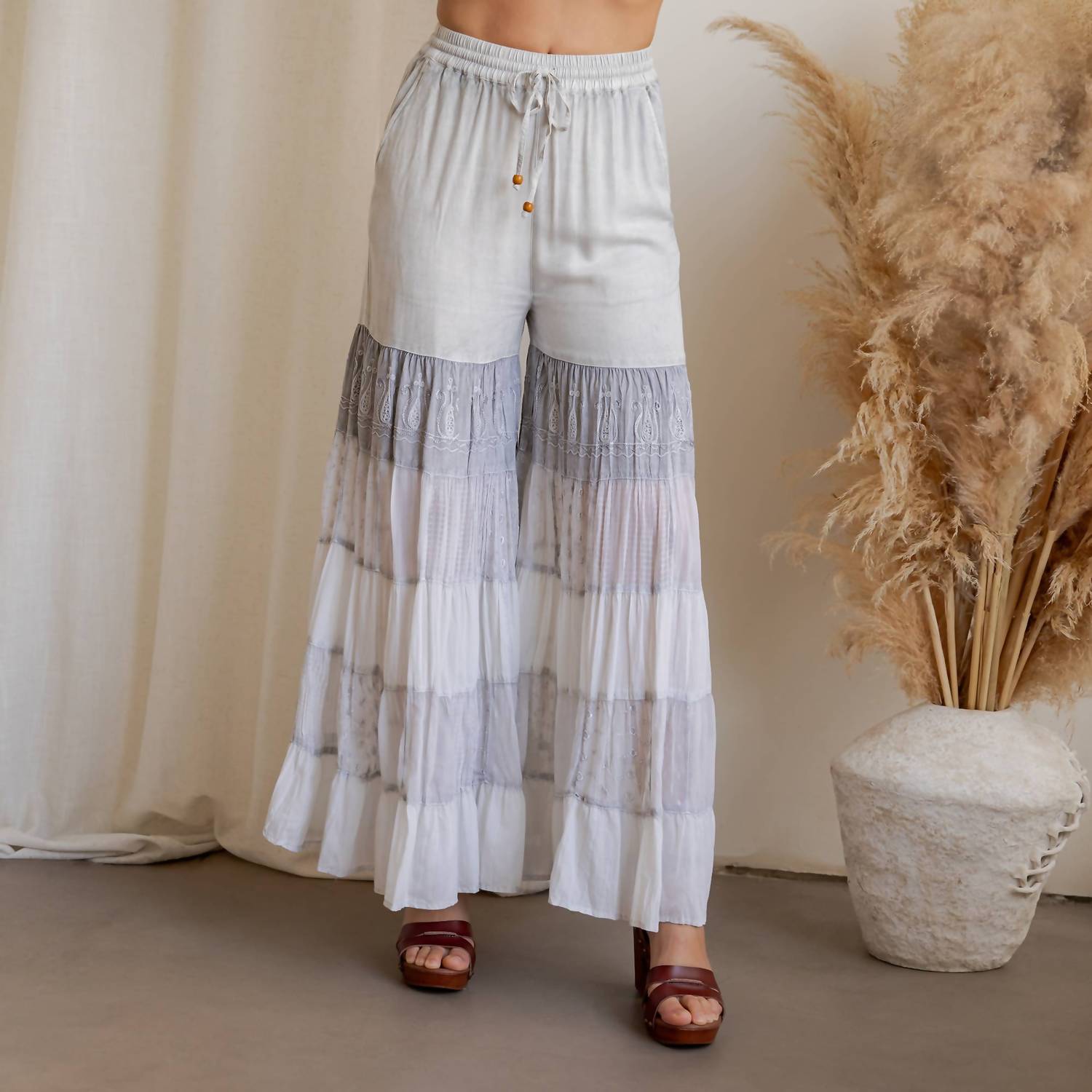 Young Threads - The Desert Wanderer Mixed Texture Tiered Palazzo Pant