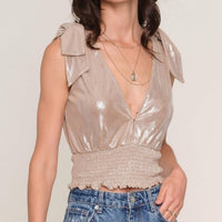 heartloom Georgia Top Wrap-style V-neck Blouse in champagne - women's blouse - detail view