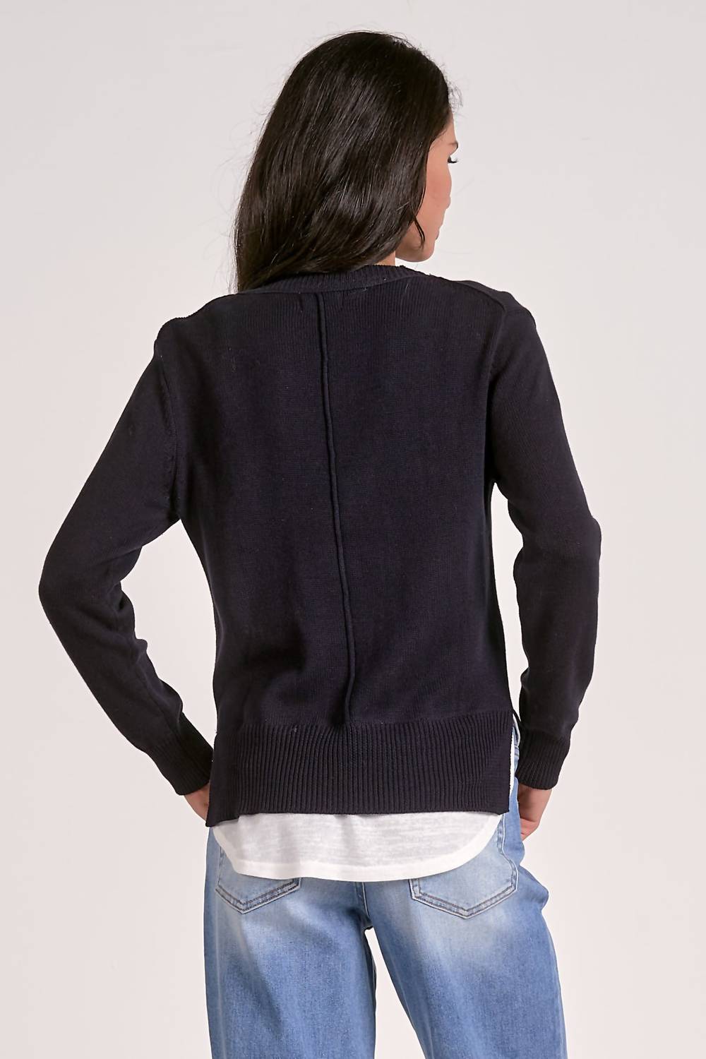 ELAN Layered Two-For One Knit Top in navy white - women's long sleeve top - detail view