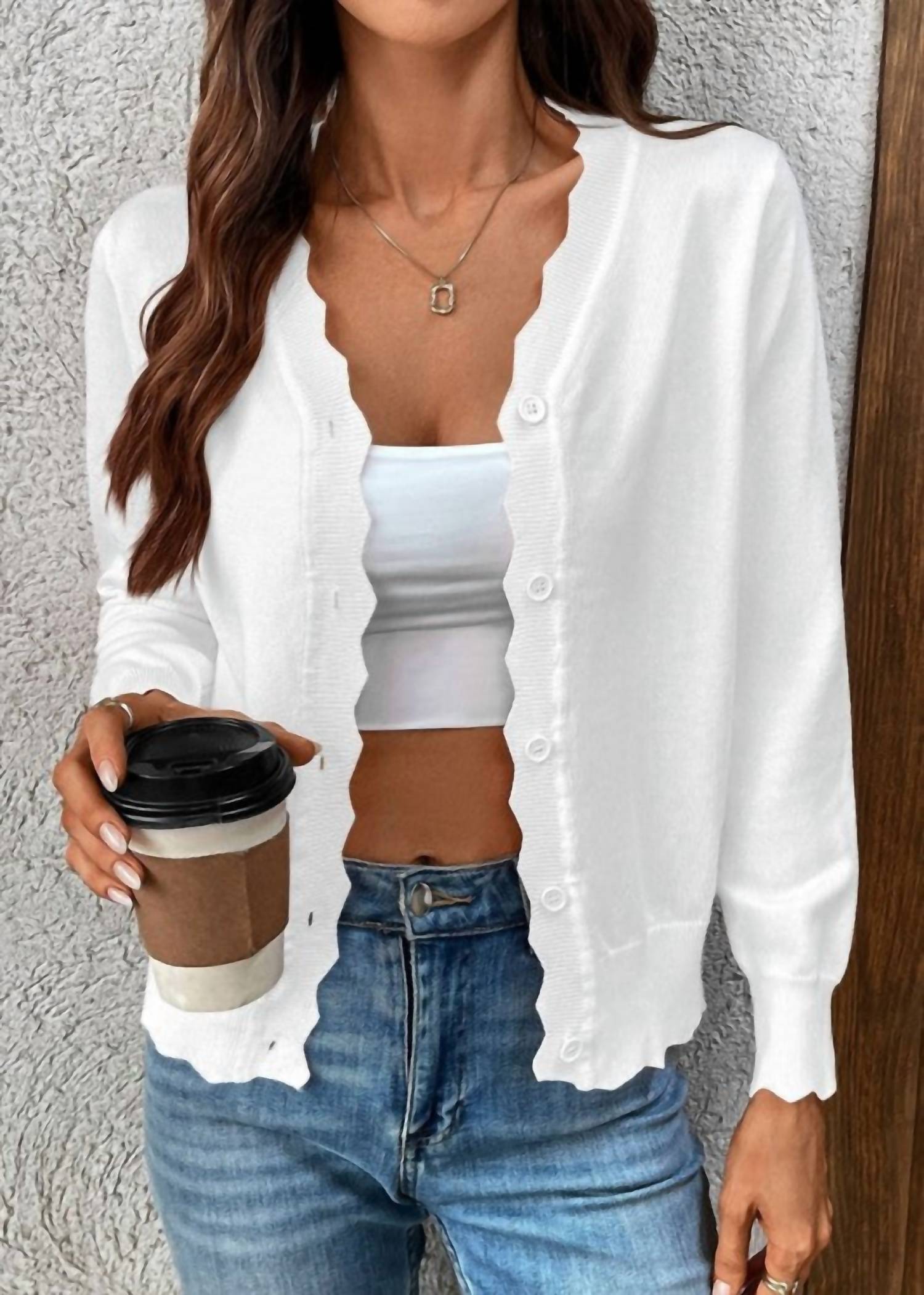 Aiwee Fashion - Scalloped Edge Button Cardigan