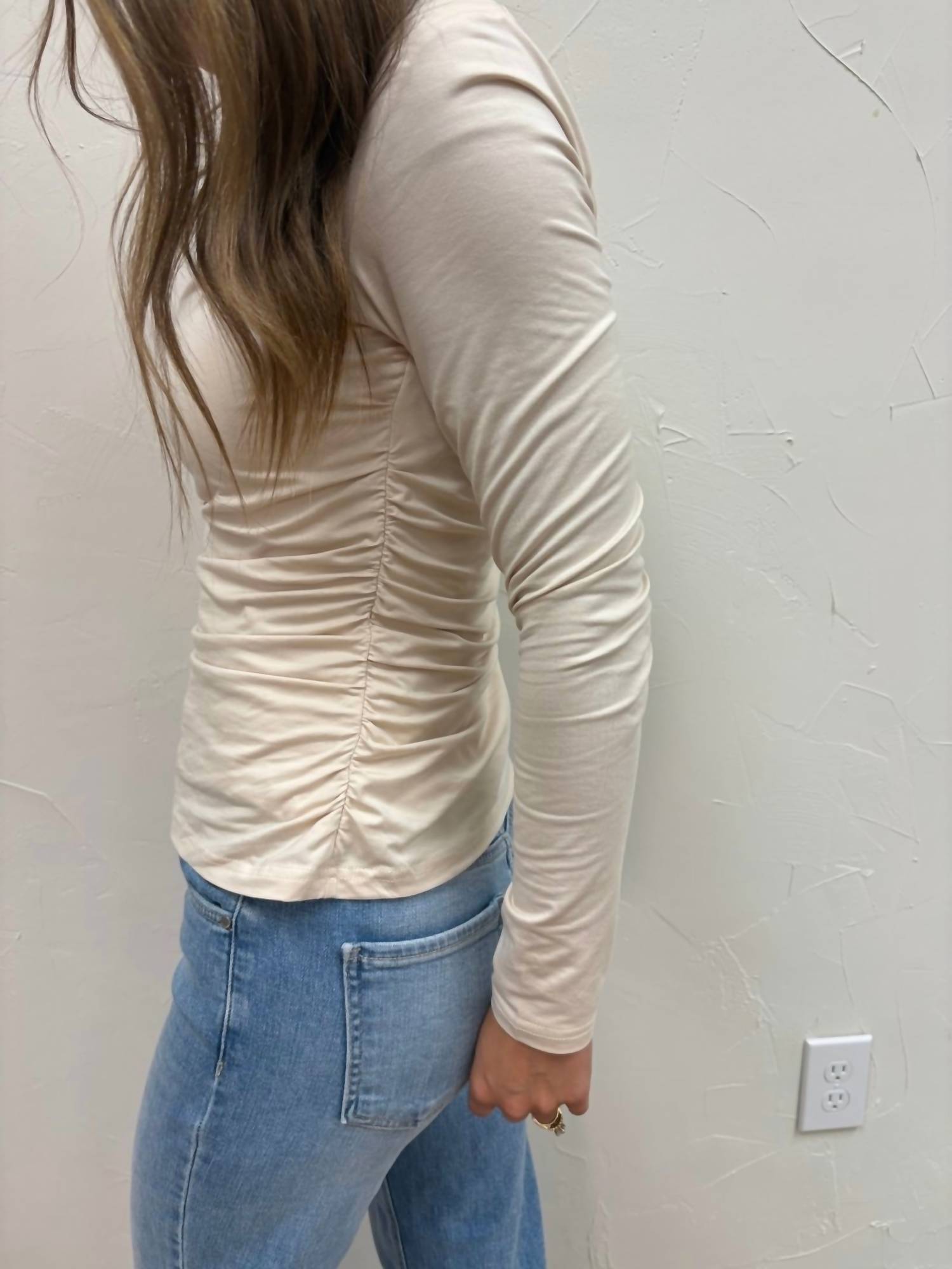 SKIES ARE BLUE Rushed Waist Long Sleeve Top in cream - women's long sleeve top - view 5