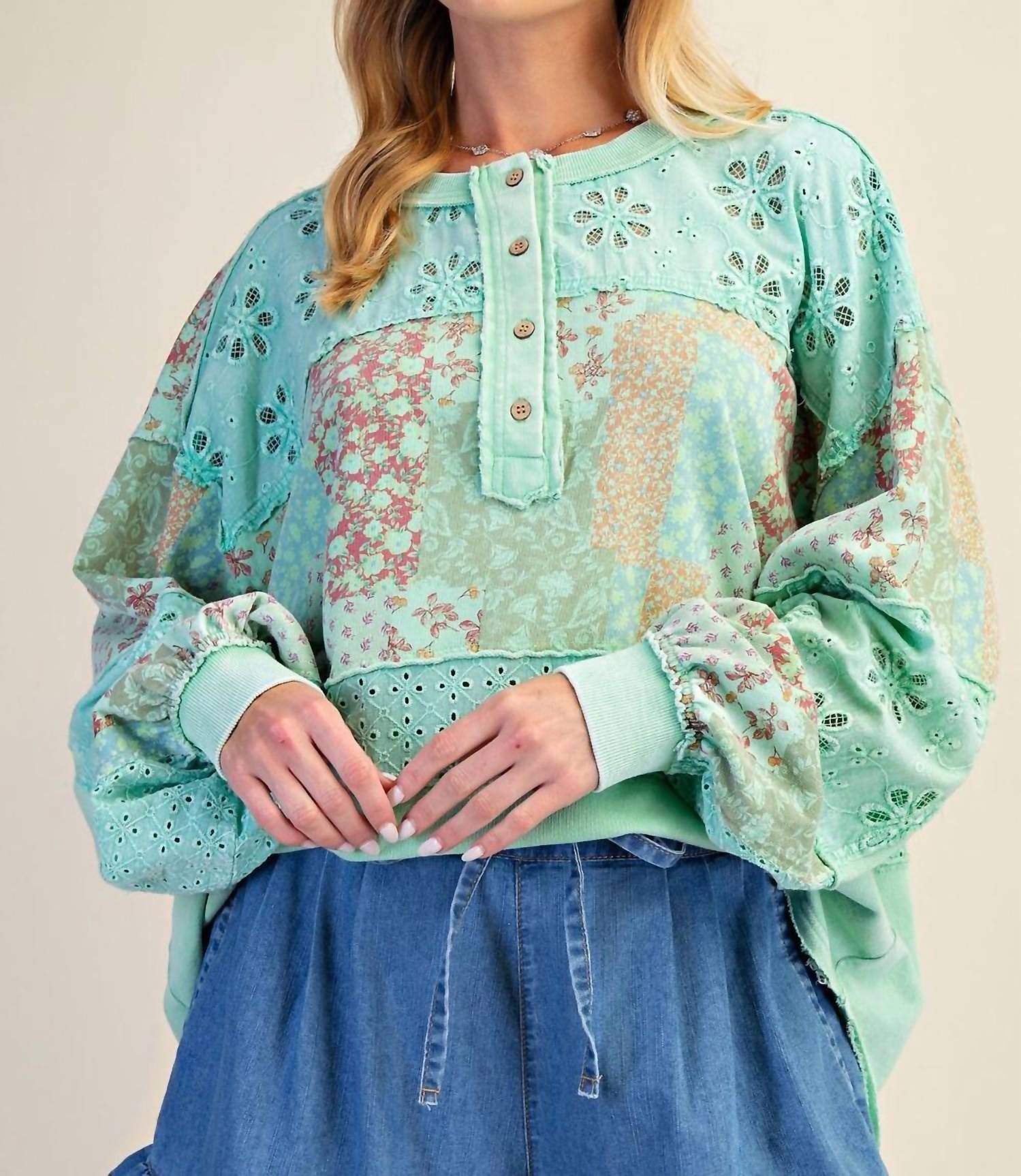 Easel Mixed Print Button Front Washed Top - Plus in atlantis green - women's long sleeve top - alternate view