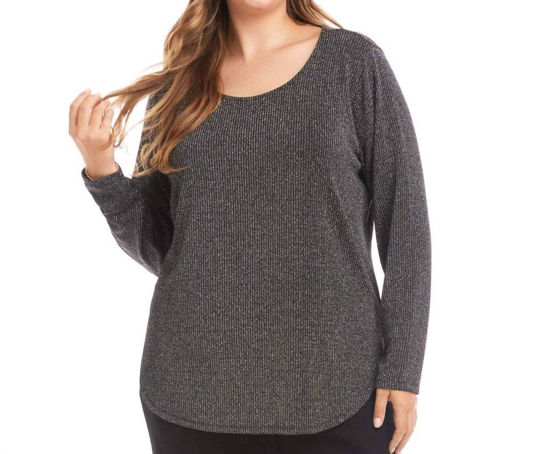 Karen Kane - Long Sleeve Metallic Stripe Knit Shirttail Top - Plus