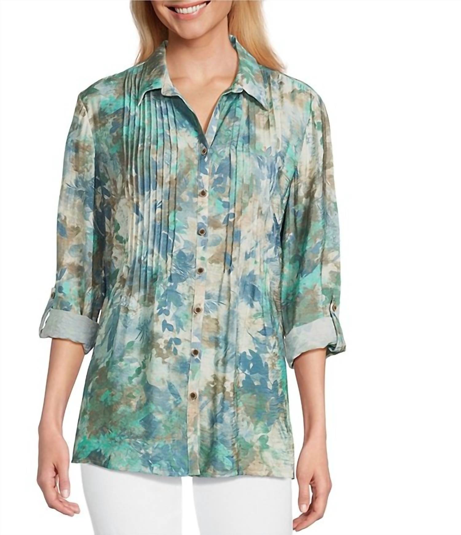 Multiples - Cinched Cuff 3/4 Sleeve Button Up Top