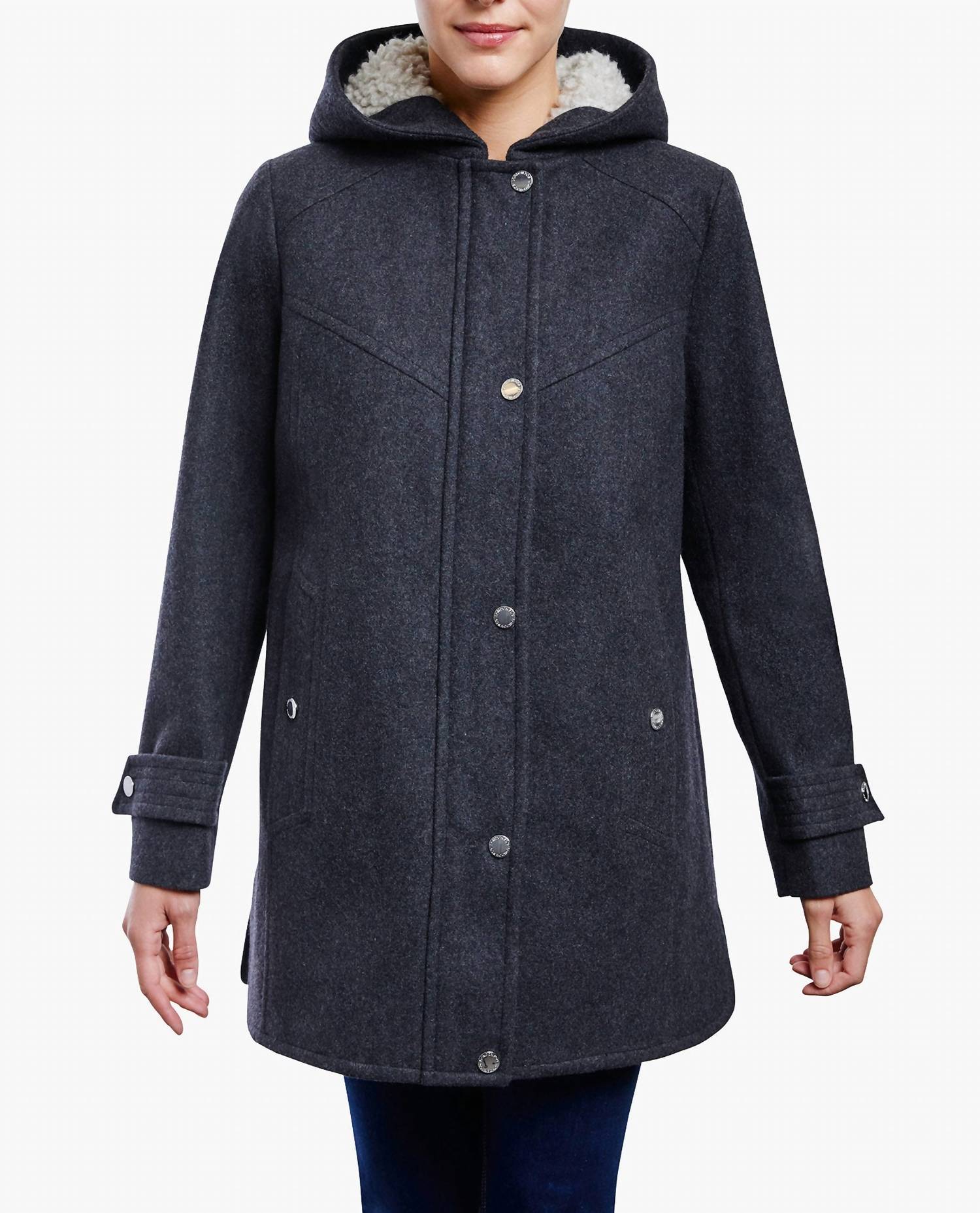 London Fog - Zip-front Sherpa Lined Hood 31 Inch Wool Jacket