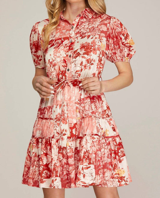 She + Sky - Short Sleeve Collared Print Tiered Dress