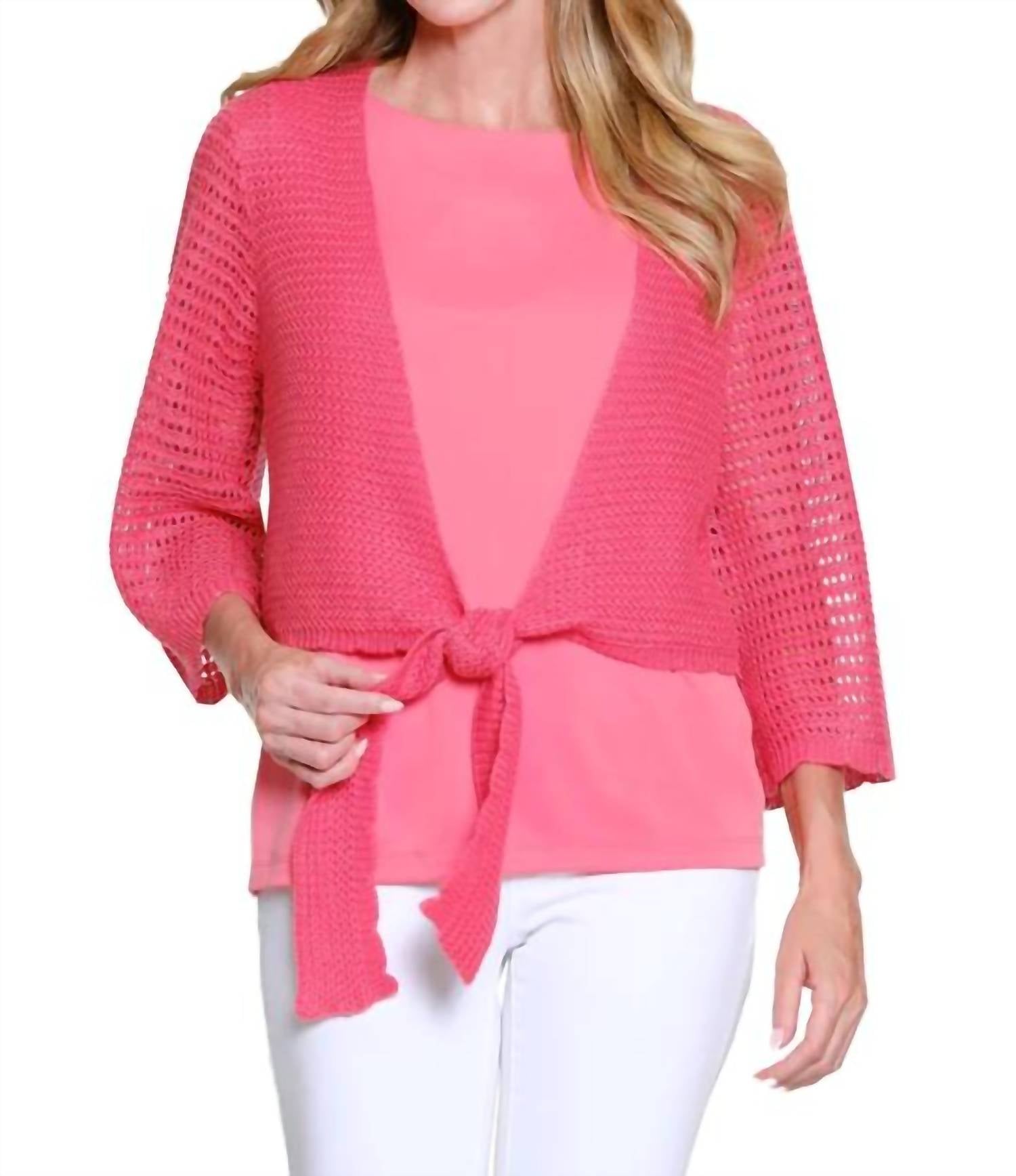 Multiples - 3/4 Sleeve Tie Front Waist Sweater Cardigan