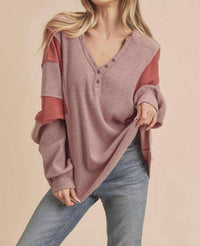 AEMI + CO Fern Lightweight Patch Henley Sweater in mauve - women's long sleeve top