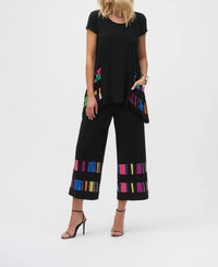 Joseph Ribkoff Seallie Silky Knit Stripe Print Culotte Pants in black multi - women's pants