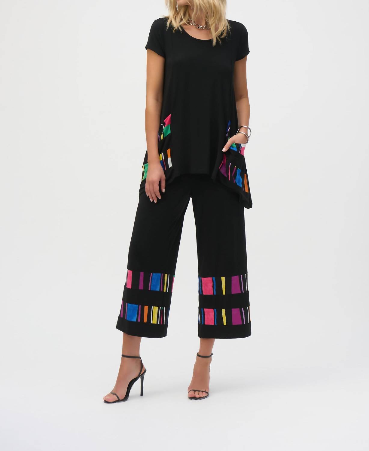 Joseph Ribkoff Seallie Silky Knit Stripe Print Culotte Pants in black multi - women's pants